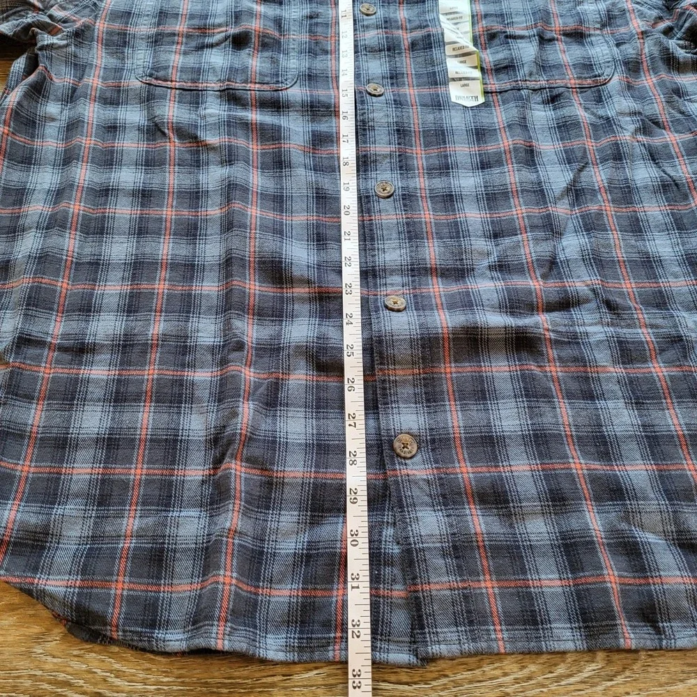 NWT Duluth Trading Co Mens Free Swingin Flannel Blue Orange Plaid L 52007 IKD